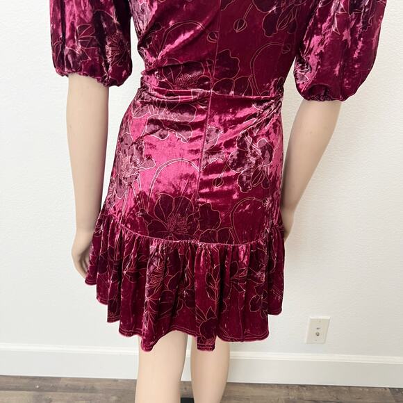 [Rachel Parcell] Maroon Floral Velvet Puff Sleeve Ruffle Mini Dress NWT Size 10 - Picture 9 of 12